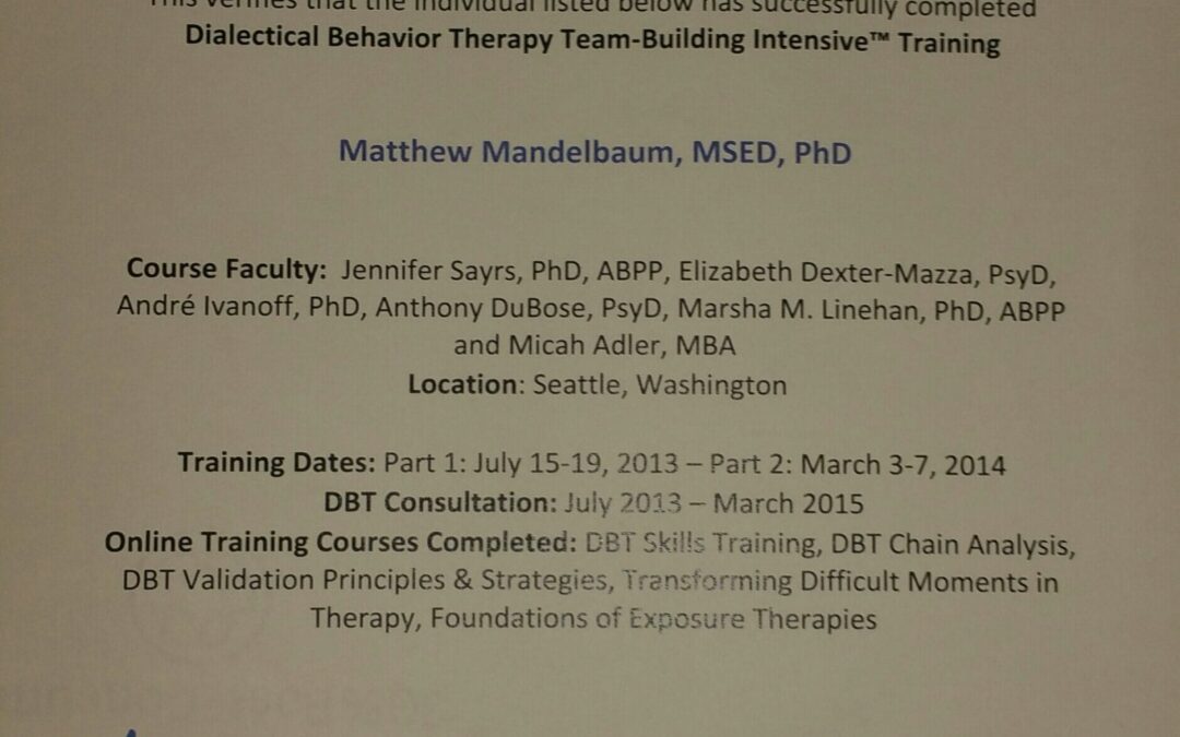 Dr. Mandelbaum Has Successfully Completed the 2-Year Linehan Institute Team-Building Intensive Training