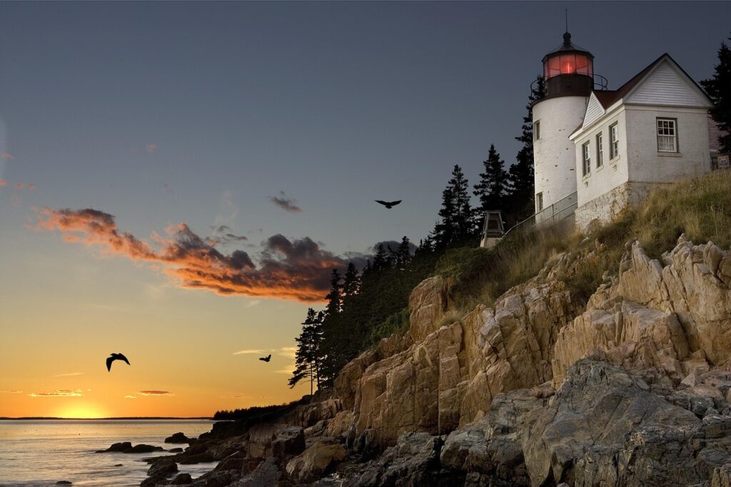 lighthouse, bar harbor, maine, sunset, mood, clouds, heaven, evening atmosphere, rock, birds, sun, coast, sea, beautiful, riverbank, usa, east coast, portland, river banks, nature, landscape, waters, stones, lighthouse, lighthouse, bar harbor, maine, maine, maine, maine, maine, portland