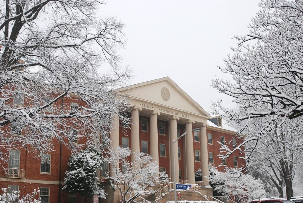 national institute of health, bethesda, maryland, nature, building, architecture, winter, snow, ice, sky, clouds, trees, outside, research, medicine, science, columns, gray health, gray science, gray research, gray medicine