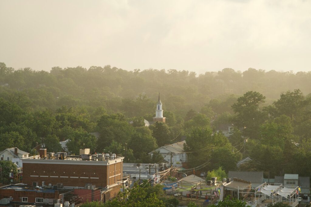 a group of buildings surrounded by trees