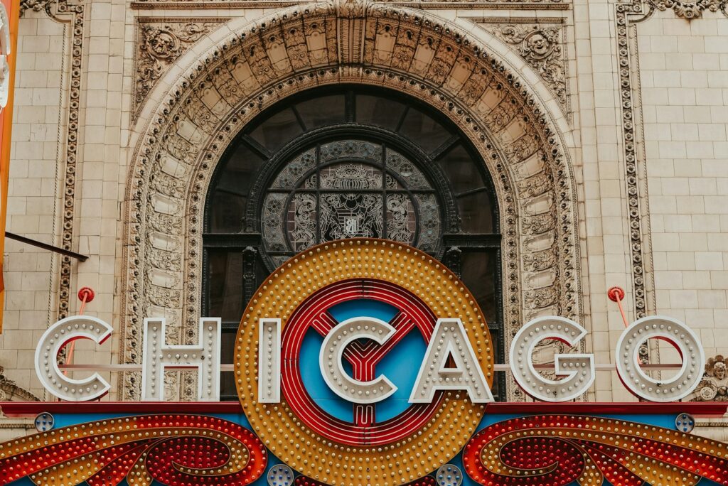 the chicago sign is displayed in front of a building