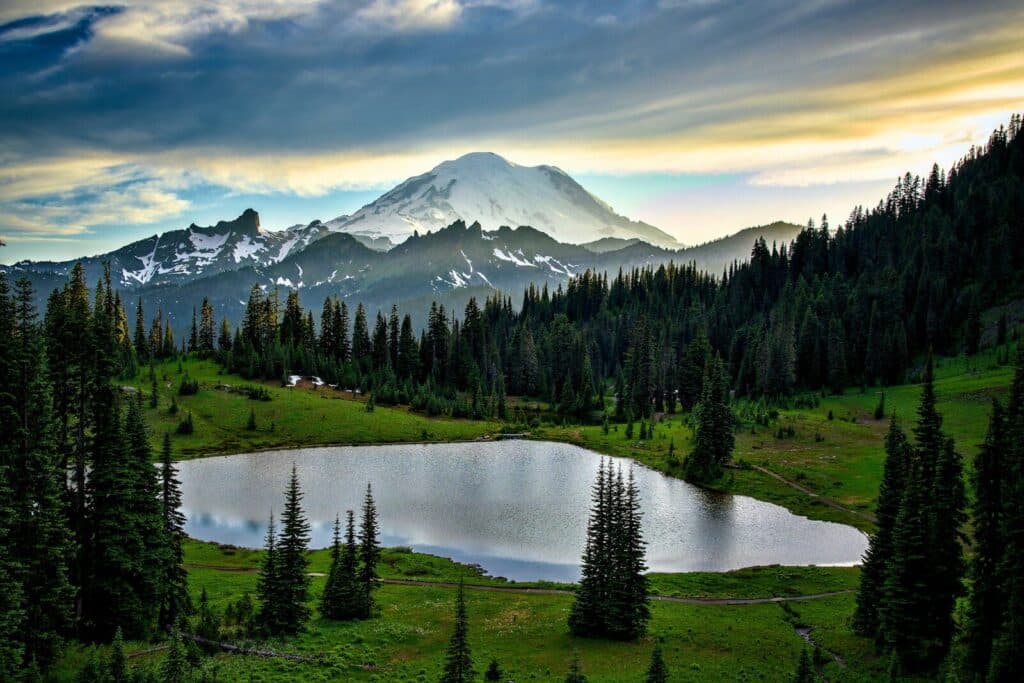 A small lake surrounded by evergreen trees below a snow-capped mountain peak